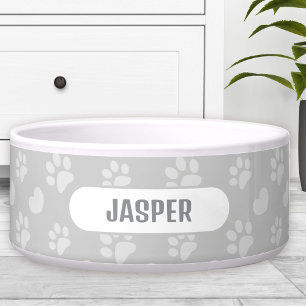 Paw Prints Heart Pattern Grey Name Pet Dog Bowl