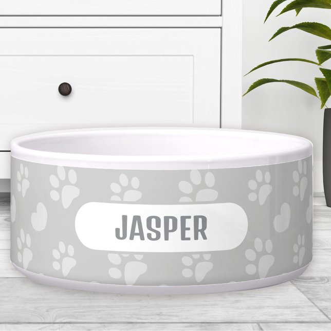 Paw Prints Heart Pattern Grey Name Pet Dog Bowl (Paw Prints Heart Pattern Grey Name Pet Dog Bowl)