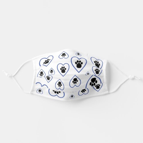Paw Prints Hearts Blue Black White Adult Cloth Face Mask
