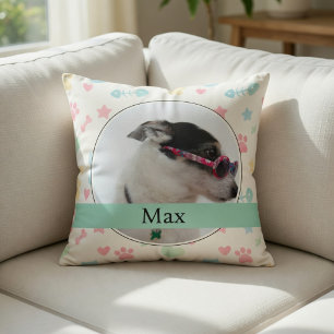Paw Prints & Hearts Custom Dog Photo Throw Pillow