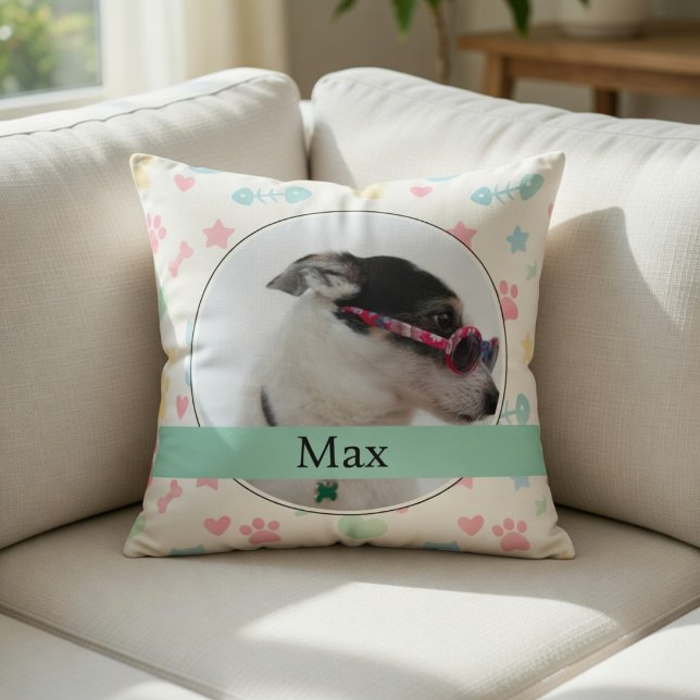 Paw Prints & Hearts Custom Dog Photo  Throw Pillow (Creator Uploaded)