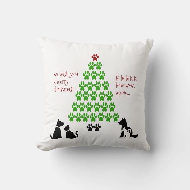 Paw Prints Holiday Tree Throw Pillow (Front)