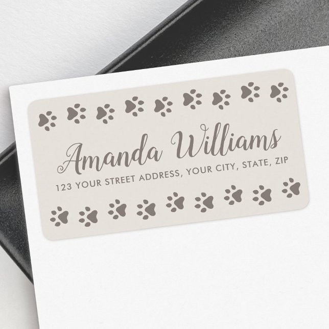 Paw prints light beige brown pretty script return label (Paw prints light beige brown pretty script return label)