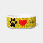 Paw Prints Monograms Gold Glittery Gift Cute Heart Bowl<br><div class="desc">Pretty and elegant design with paw print,  heart pattern and text template for monogrammed name which you can customize with your pet's name!</div>