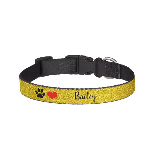 Paw Prints Monograms Gold Glittery Gift Cute Heart Pet Collar (Front)