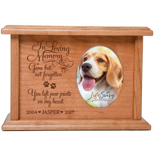 Paw Prints On My Heart Cherry Wood Pet Urn (Front)