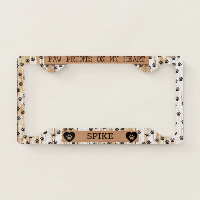 Paw Prints On My Heart License Plate Frame (Front)