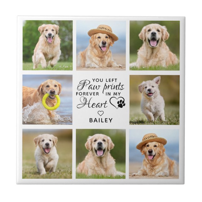 Paw Prints On My Heart Pet Memorial Photo Collage Ceramic Tile (Front)