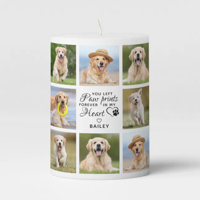 Paw Prints On My Heart Pet Memorial Photo Collage Pillar Candle | Zazzle