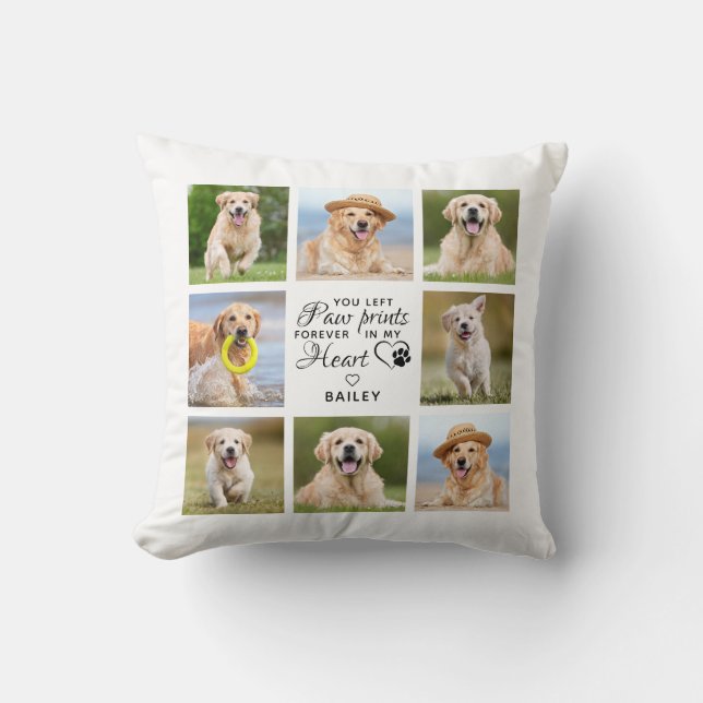 Paw Prints On My Heart Pet Memorial Photo Collage Throw Pillow (Front)