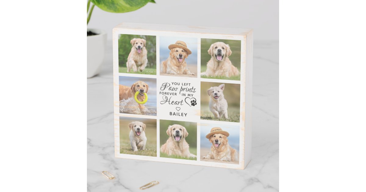 Paw Prints On My Heart Pet Memorial Photo Collage Wooden Box Sign | Zazzle
