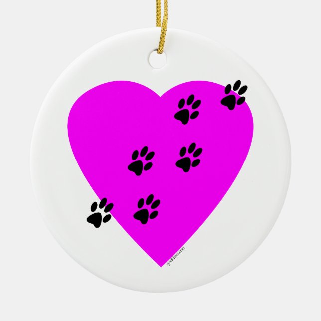 Paw Prints on my Heart - Pink Ceramic Ornament (Front)