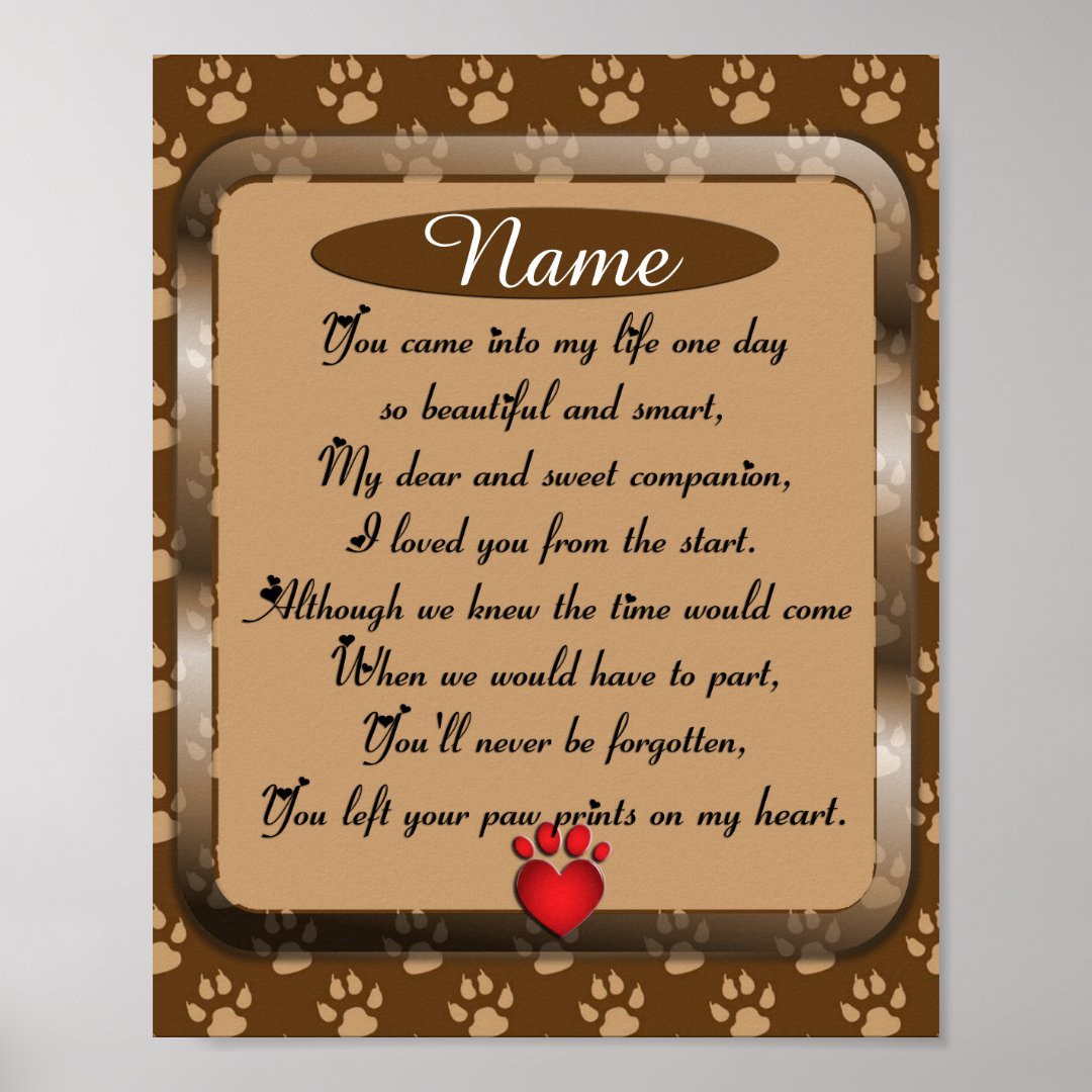 Paw Prints on My Heart Poem Pet Memorial | Zazzle