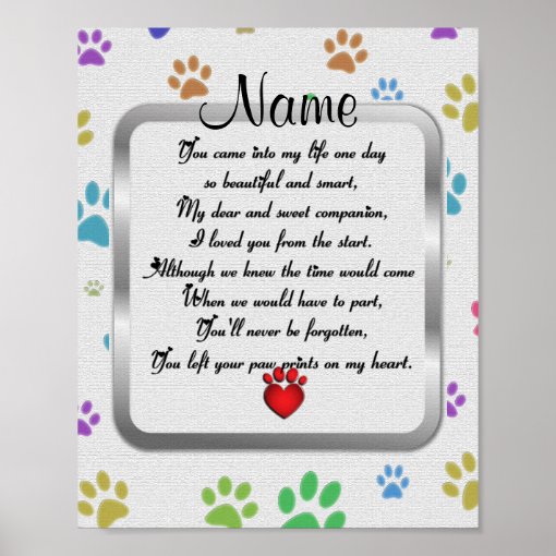 Paw Prints on My Heart Poem Pet Memorial | Zazzle