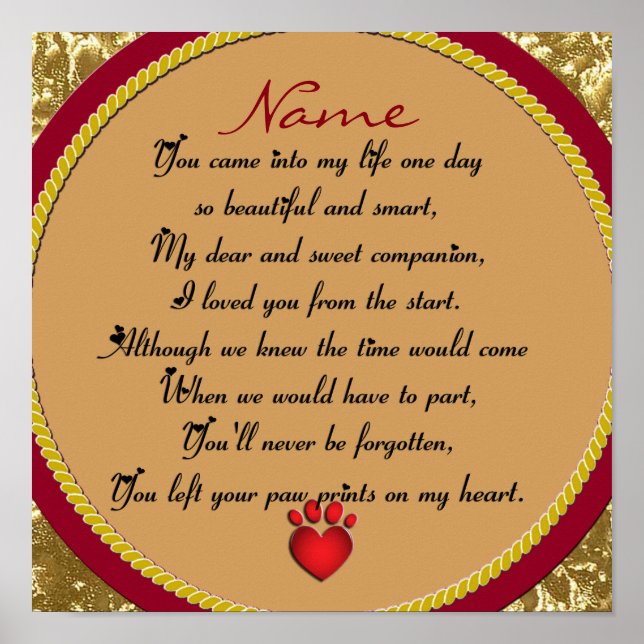 Paw Prints on My Heart Poem Pet Memorial (Front)