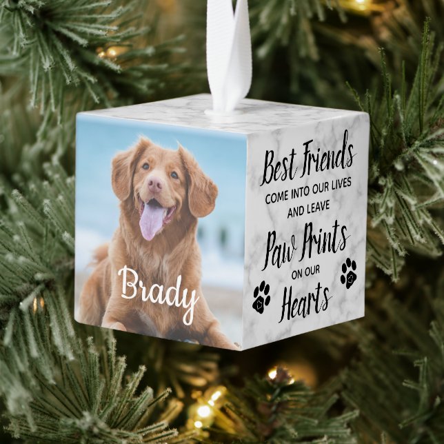 Paw Prints On Our Hearts Pet Memorial Photo Cube Ornament (Tree)