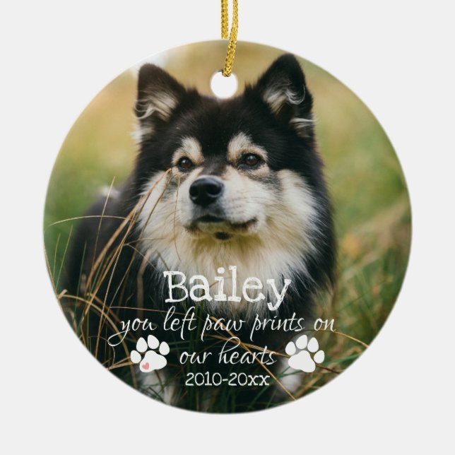 Paw Prints On Our Hearts Photo Pet Memorial Ceramic Ornament (Front)
