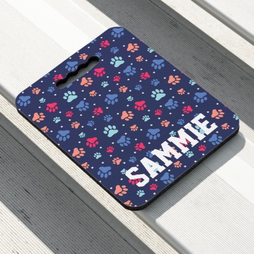 Paw Prints Pattern Over Blue Personalized Seat Cushion
