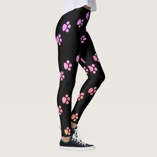 Paw Prints Patterns Pink Rose Gold Glitter Black Leggings