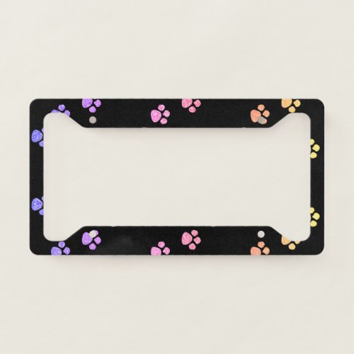 Paw Prints Patterns Pink Rose Gold Glitter Black License Plate Frame