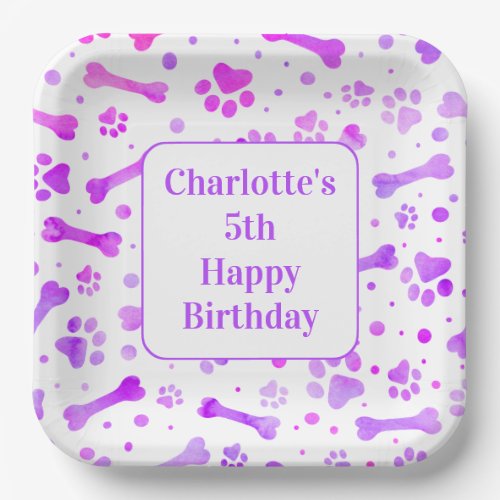 Paw Prints Personalized Pink Purple Birthday Party Paper Plates