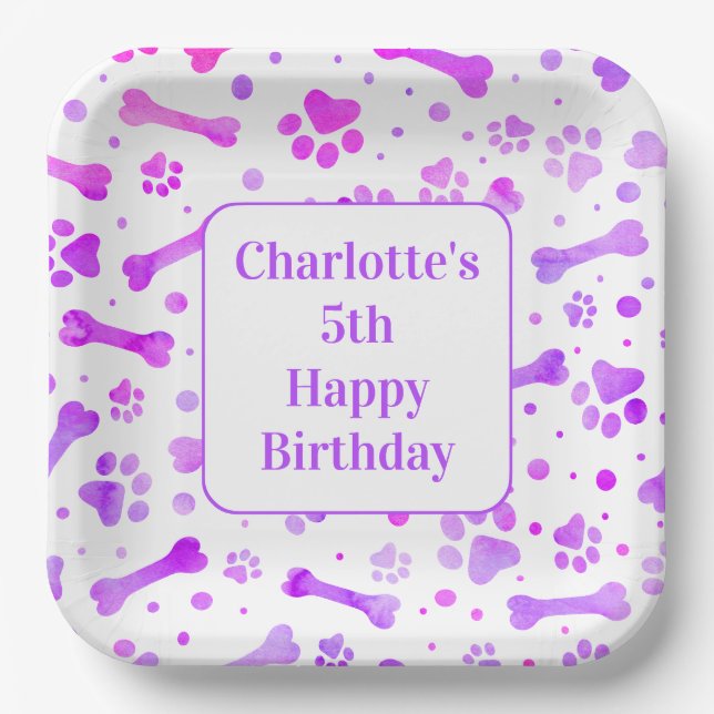 Paw Prints Personalized Pink Purple Birthday Party Paper Plates (Front)