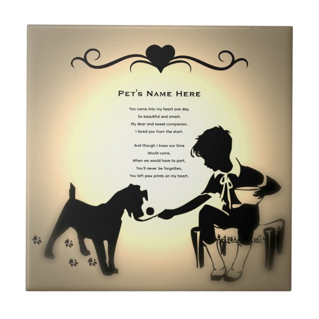 Paw Prints Pet Memorial Poem Golden Ceramic Tile (Front)