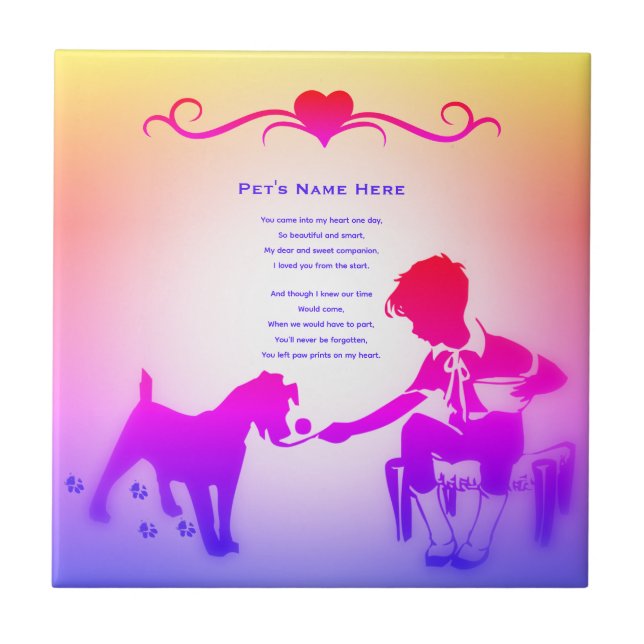 Paw Prints Pet Memorial Poem Personalized Rainbow Ceramic Tile (Front)