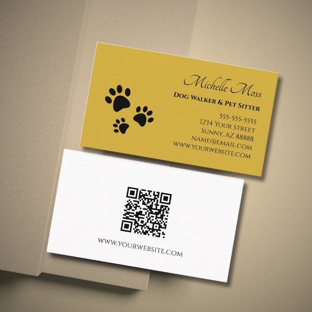 Paw Prints Pet Sitter QR code Gold Business Card (Creator Uploaded)