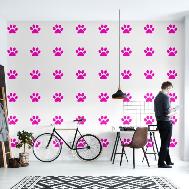 Paw Prints Pets Pink White Simple Animal Pattern Wallpaper (Living Room)