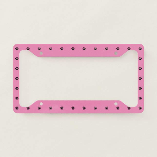 Paw Prints Pink Black Animal Patters Cute Modern License Plate Frame (Front)