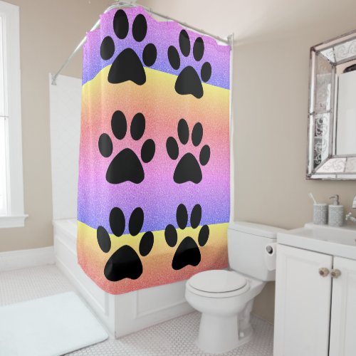 Paw Prints Pink Glittery Multicolor Rose Gold Cute Shower Curtain