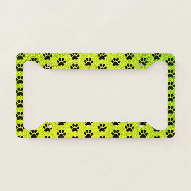 Paw Prints Pink Green Gold Glitter Black Patterns License Plate Frame (Front)