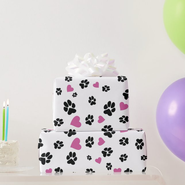 Paw prints Pink Hearts Pattern Cute Pet lovers  Wrapping Paper (Party Gifts)