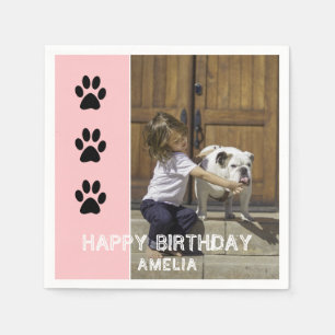Paw Prints Pink Kids Name Photo Birthday Party Napkins