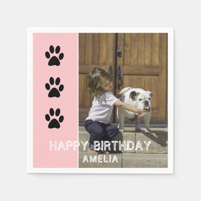 Paw Prints Pink Kids Name Photo Birthday Party Napkins (Front)