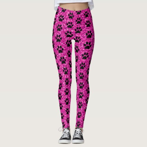 Paw Prints Pink Purple Glitter Black Patterns Cute Leggings