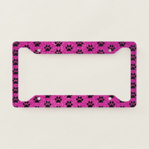 Paw Prints Pink Purple Glitter Black Patterns Cute License Plate Frame