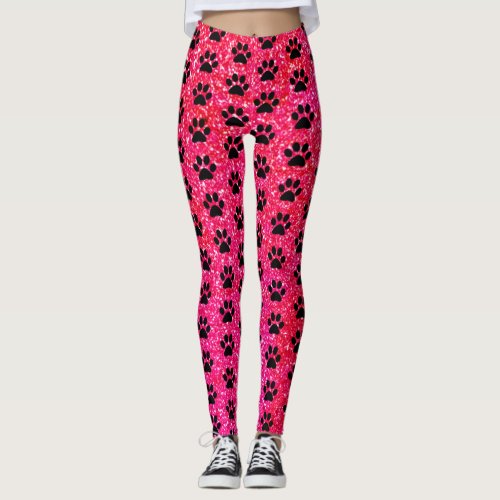 Paw Prints Pink Red Glitter Black Patterns Cute Leggings