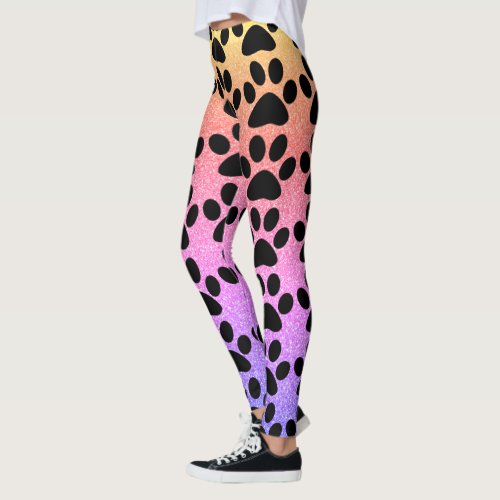 Paw Prints Pink Rose Gold Glitter Black Patterns Leggings