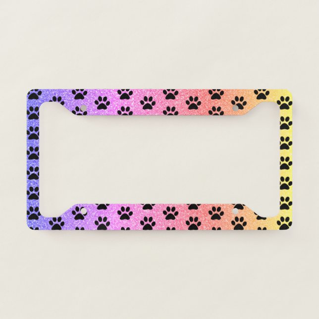 Paw Prints Pink Rose Gold Glitter Black Patterns License Plate Frame (Front)