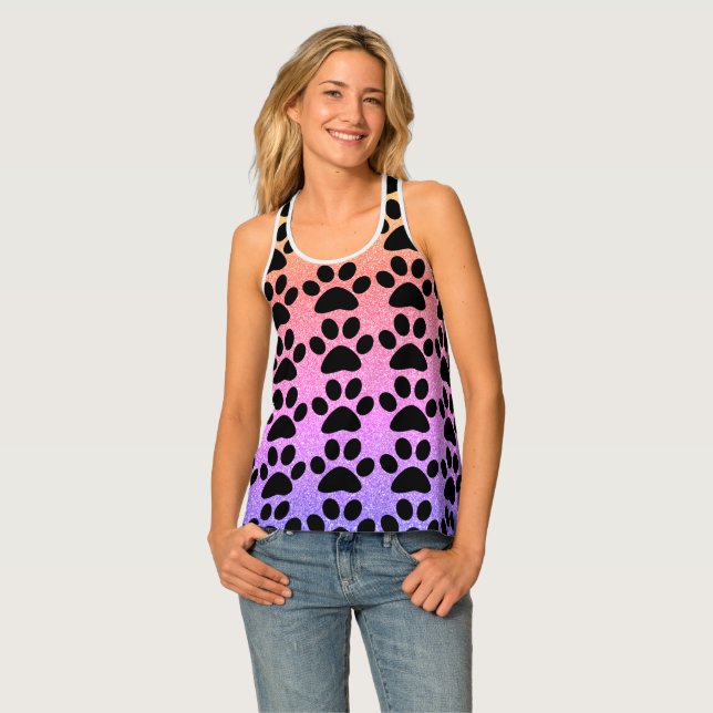 Paw Prints Pink Rose Gold Glitter Black Patterns Tank Top (Front Full)