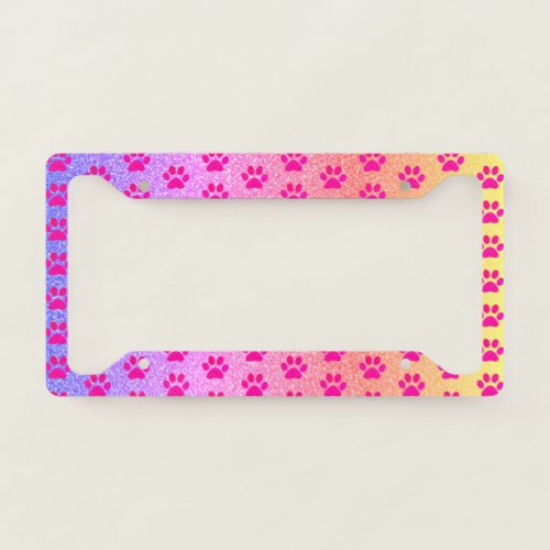 Paw Prints Pink Rose Gold Glitter Ombre Patterns License Plate Frame