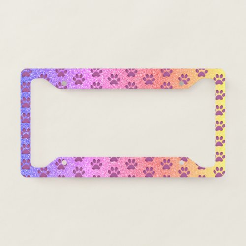 Paw Prints Pink Rose Gold Glitter Patterns Girly License Plate Frame
