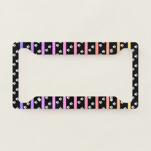 Paw Prints Pink Rose Gold Glitter Stripes Patterns License Plate Frame