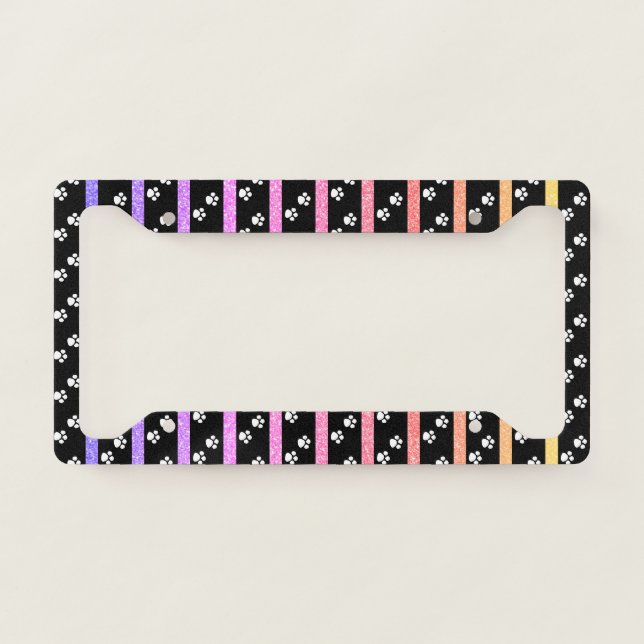 Paw Prints Pink Rose Gold Glitter Stripes Patterns License Plate Frame (Front)