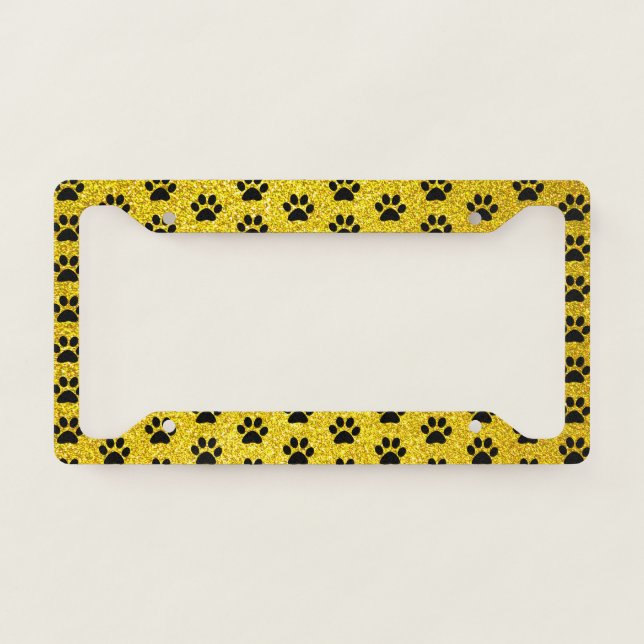 Paw Prints Pink Yellow Gold Glitter Black Patterns License Plate Frame (Front)