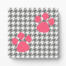 Paw Prints Plaque - Gray Pink Houndstooth