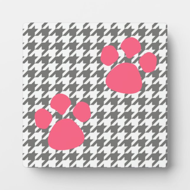Paw Prints Plaque - Gray Pink Houndstooth (Front)