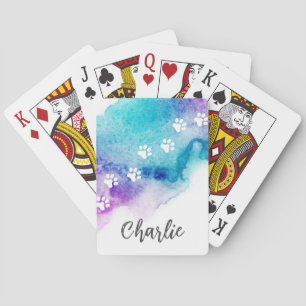 Paw prints purple aqua blue watercolor paint poker cards